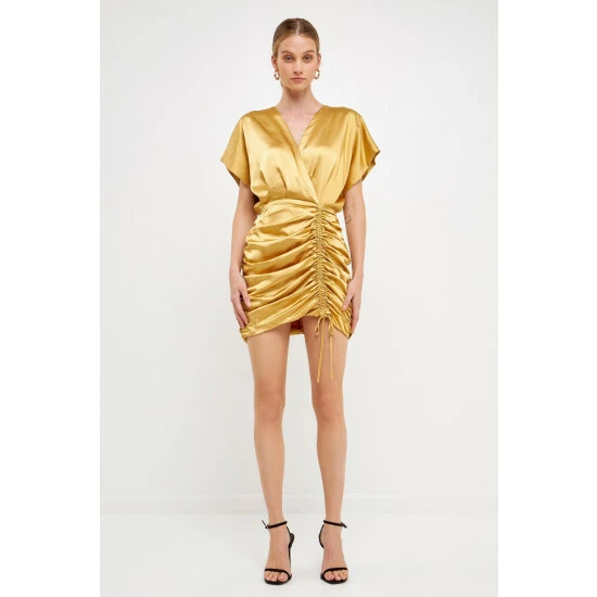 Endless Rose Satin Wrapped & Shirred Mini Dress Dresses Gold