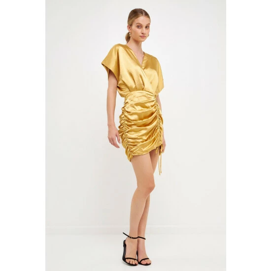 Endless Rose Satin Wrapped & Shirred Mini Dress Dresses Gold - Image 2
