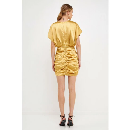 Endless Rose Satin Wrapped & Shirred Mini Dress Dresses Gold - Image 3