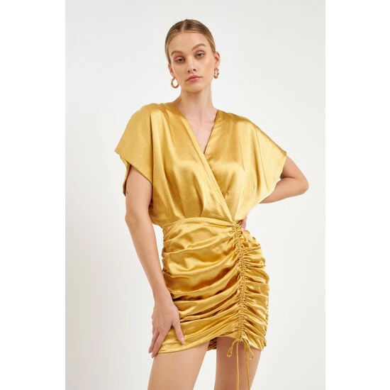 Endless Rose Satin Wrapped & Shirred Mini Dress Dresses Gold - Image 4