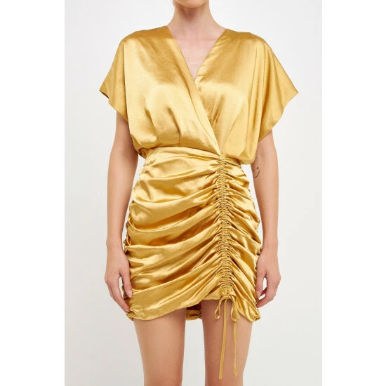 Endless Rose Satin Wrapped & Shirred Mini Dress Dresses Gold - Image 5