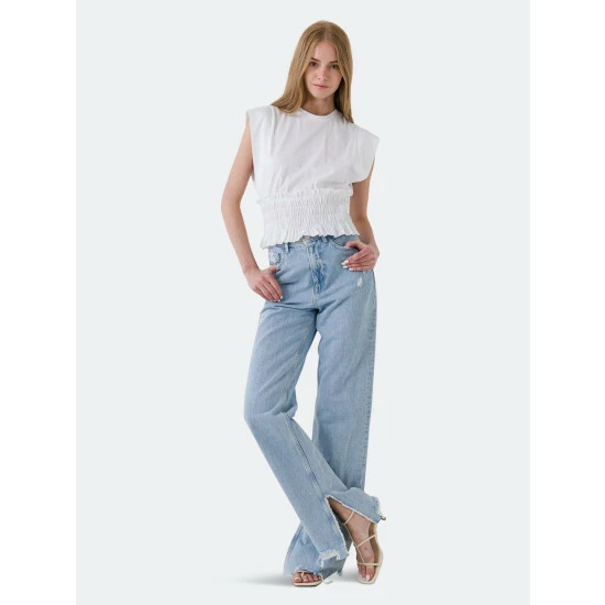 Endless Rose Smocked Waist T-Shirt Tops White - Image 2