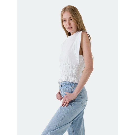 Endless Rose Smocked Waist T-Shirt Tops White - Image 3