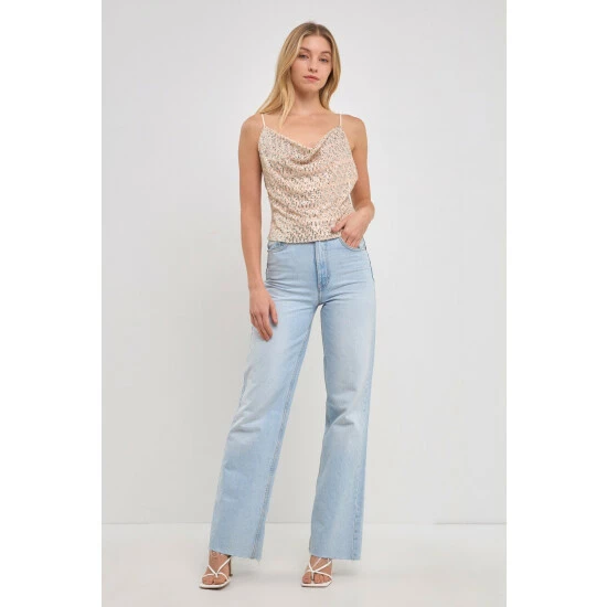 Endless Rose Cowl Neck Sequin Top Tops Ivory/blue