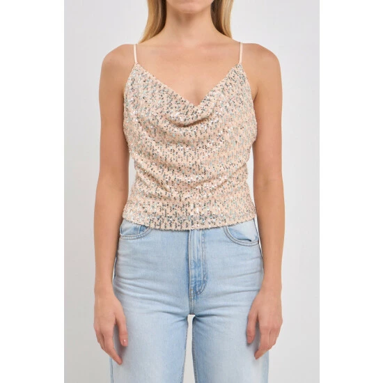 Endless Rose Cowl Neck Sequin Top Tops Ivory/blue - Image 5