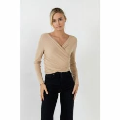 Endless Rose Shirring Detail Fitted Top Tops Taupe