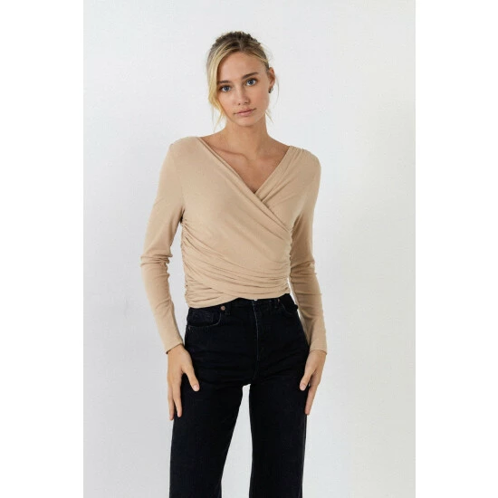 Endless Rose Shirring Detail Fitted Top Tops Taupe