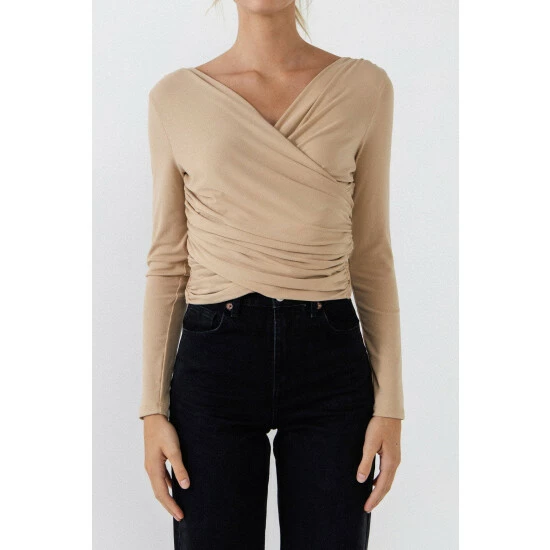 Endless Rose Shirring Detail Fitted Top Tops Taupe - Image 3
