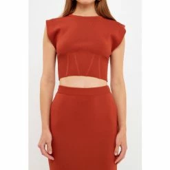 Endless Rose Cinched Waist Sleeveless Knit Top Tops Burgundy