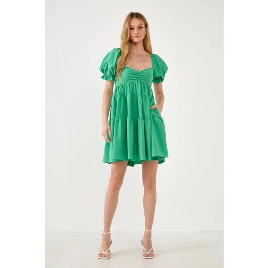 Endless Rose Classic Sweetheart Tiered Mini With Puff Sleeves Dresses Green - Image 6