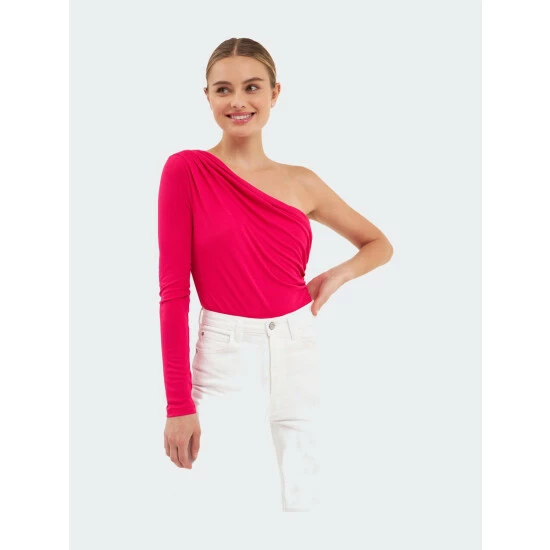Endless Rose Shirred One Shoulder Bodysuit Tops Fuchsia - Image 4