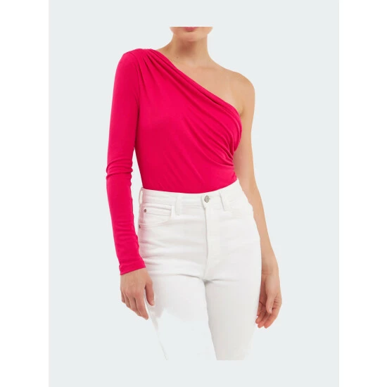 Endless Rose Shirred One Shoulder Bodysuit Tops Fuchsia - Image 5