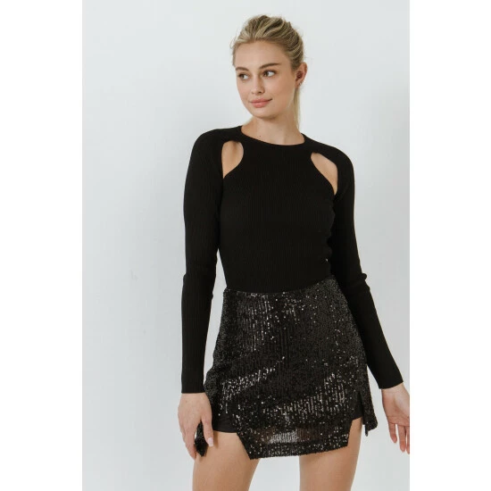 Endless Rose Double Cut Out Knit Top Tops Black