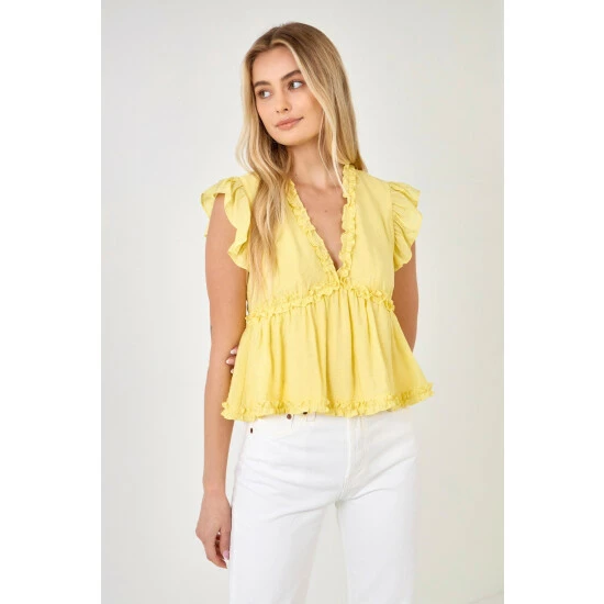 Endless Rose Ruffle Detail Top Tops Yellow