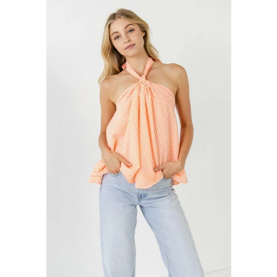 Endless Rose Halter Bow Tie Gingham Top Tops Orange