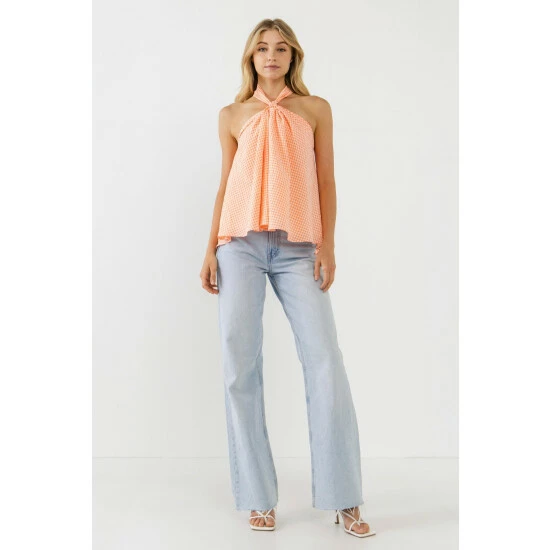 Endless Rose Halter Bow Tie Gingham Top Tops Orange - Image 2
