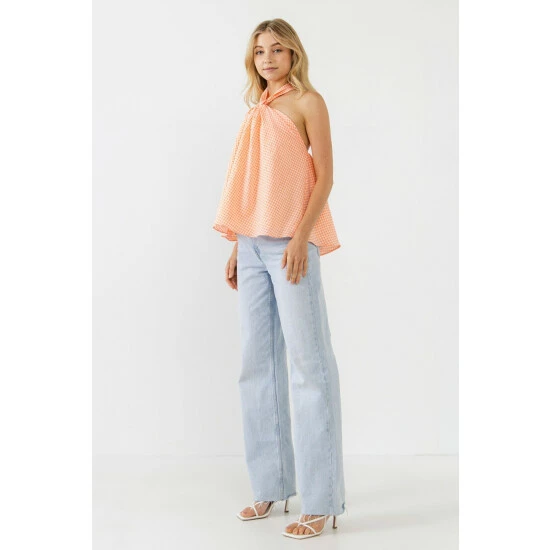 Endless Rose Halter Bow Tie Gingham Top Tops Orange - Image 3