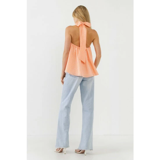 Endless Rose Halter Bow Tie Gingham Top Tops Orange - Image 4
