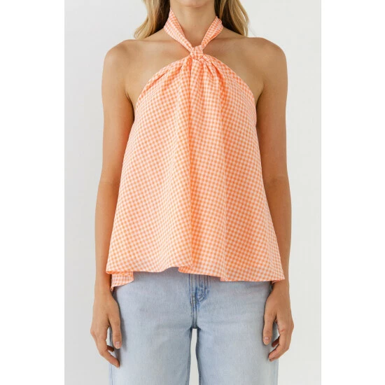 Endless Rose Halter Bow Tie Gingham Top Tops Orange - Image 5