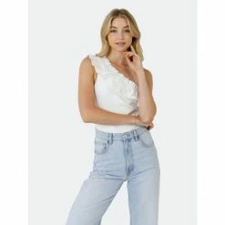 Endless Rose Ruffled Asymmetrical Bodysuit Jumpsuits & Rompers White