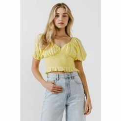 Endless Rose Sweetheart Smocked Puff Sleeve Top Tops Yellow