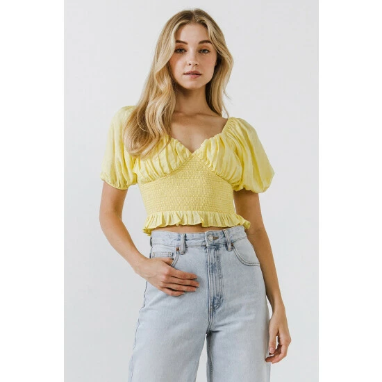 Endless Rose Sweetheart Smocked Puff Sleeve Top Tops Yellow