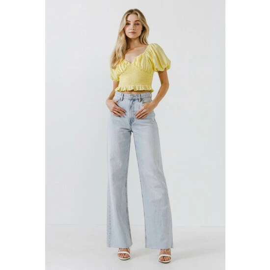 Endless Rose Sweetheart Smocked Puff Sleeve Top Tops Yellow - Image 2