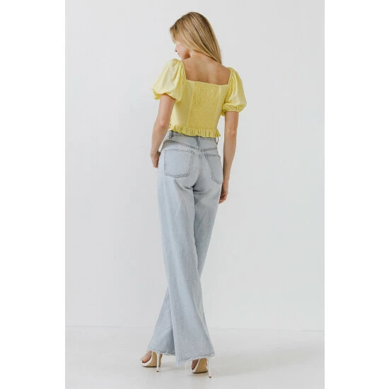Endless Rose Sweetheart Smocked Puff Sleeve Top Tops Yellow - Image 3