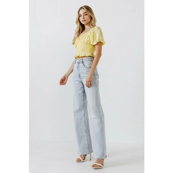Endless Rose Sweetheart Smocked Puff Sleeve Top Tops Yellow - Image 4
