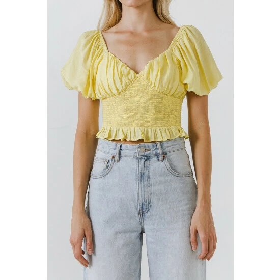 Endless Rose Sweetheart Smocked Puff Sleeve Top Tops Yellow - Image 5