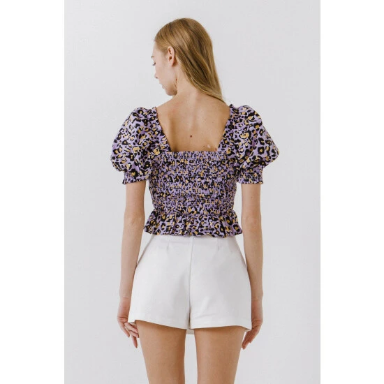 Endless Rose Animal Print Smocked Top Tops Purple Multi - Image 4