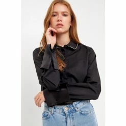 Endless Rose Er-Beaded Collar Poplin Shirt Tops Black
