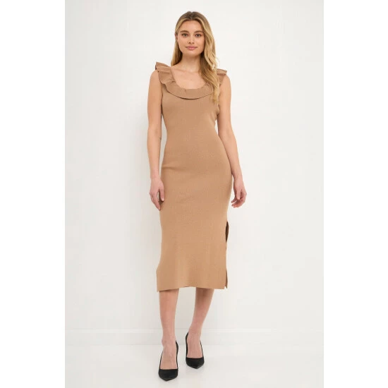 Endless Rose Ruffle Neckline Midi Slit Dress Dresses Taupe