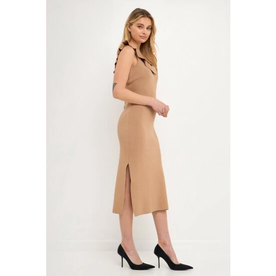 Endless Rose Ruffle Neckline Midi Slit Dress Dresses Taupe - Image 2