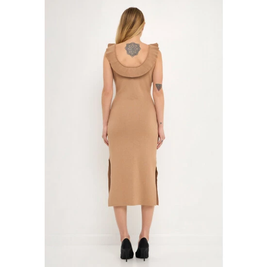 Endless Rose Ruffle Neckline Midi Slit Dress Dresses Taupe - Image 3