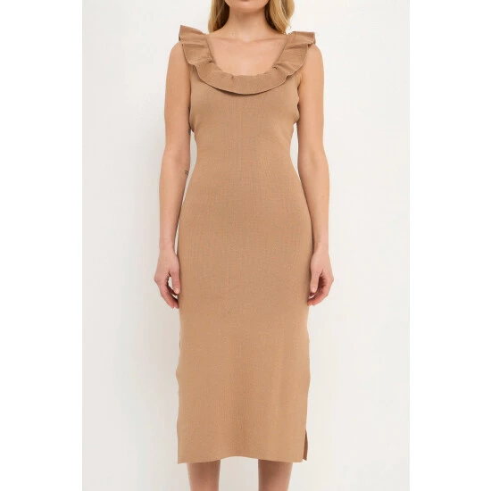 Endless Rose Ruffle Neckline Midi Slit Dress Dresses Taupe - Image 5