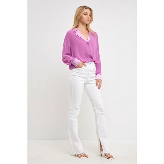 Endless Rose Satin Chiffon Dress Shirt Tops Magenta - Image 2