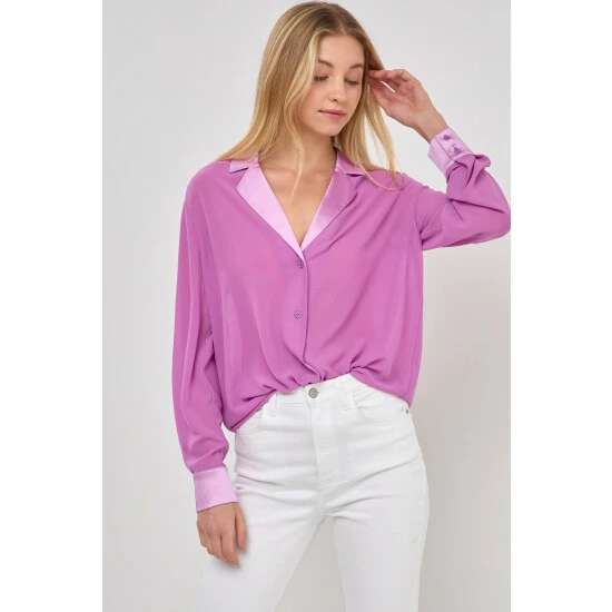 Endless Rose Satin Chiffon Dress Shirt Tops Magenta - Image 4