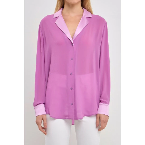 Endless Rose Satin Chiffon Dress Shirt Tops Magenta - Image 5
