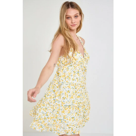 Endless Rose Floral Ruffle Detail Mini Dress - Yellow Multi Dresses