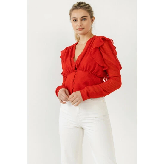 Endless Rose Shoulder Ruffle Detailed Plunge Neck Woven Top Tops Red