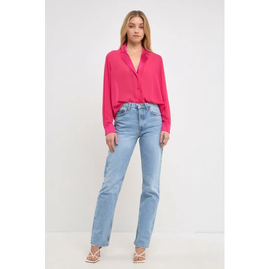 Endless Rose Satin Chiffon Dress Shirt Tops Magenta - Image 6