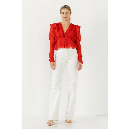 Endless Rose Shoulder Ruffle Detailed Plunge Neck Woven Top Tops Red - Image 2