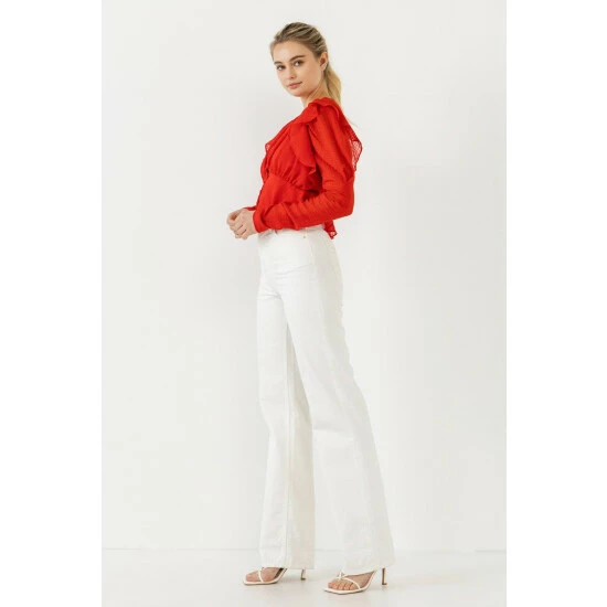Endless Rose Shoulder Ruffle Detailed Plunge Neck Woven Top Tops Red - Image 3
