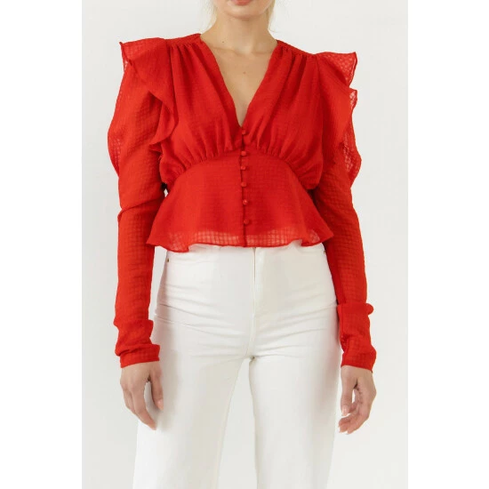 Endless Rose Shoulder Ruffle Detailed Plunge Neck Woven Top Tops Red - Image 5