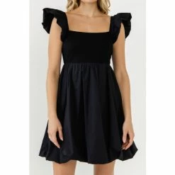 Endless Rose Mix Media Balloon Detail Mini Dress Dresses Black