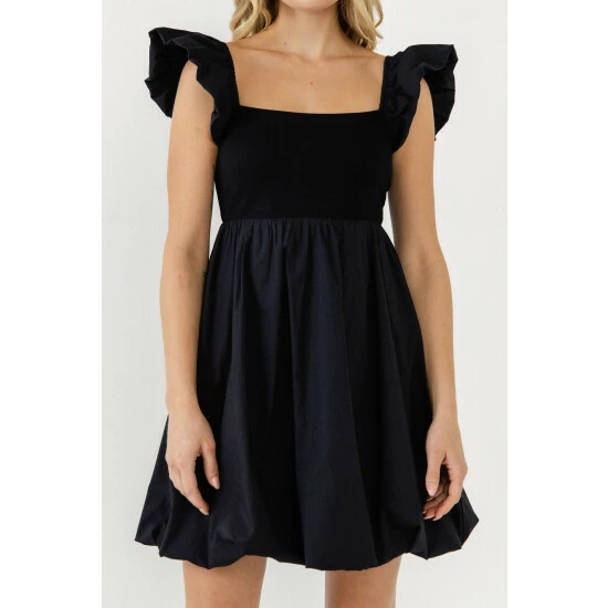 Endless Rose Mix Media Balloon Detail Mini Dress Dresses Black