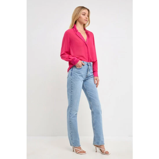 Endless Rose Satin Chiffon Dress Shirt Tops Magenta - Image 7