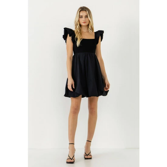 Endless Rose Mix Media Balloon Detail Mini Dress Dresses Black - Image 3