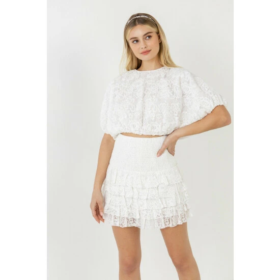 Endless Rose Laced Bubble Cropped Blouse Tops White